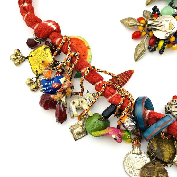 Handcrafted Charm Necklace Loaded with Worldwide Milagros Chachkas with Earrings - Picture 14 of 16